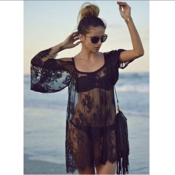 T&J Black Lace Cold Shoulder Swimsuit Coverup - Picture 4 of 5